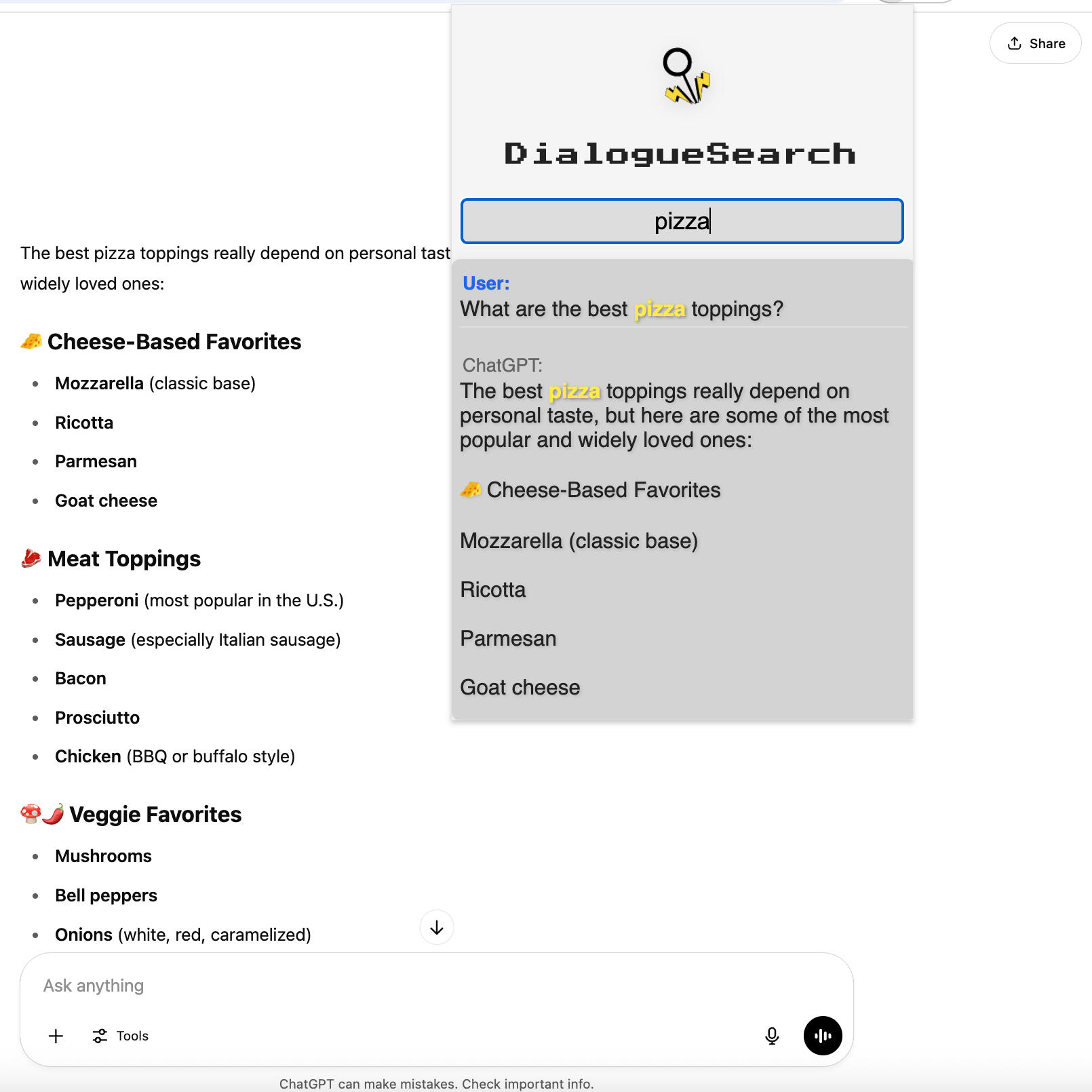 DialogueSearch Extension Chat Search Window
